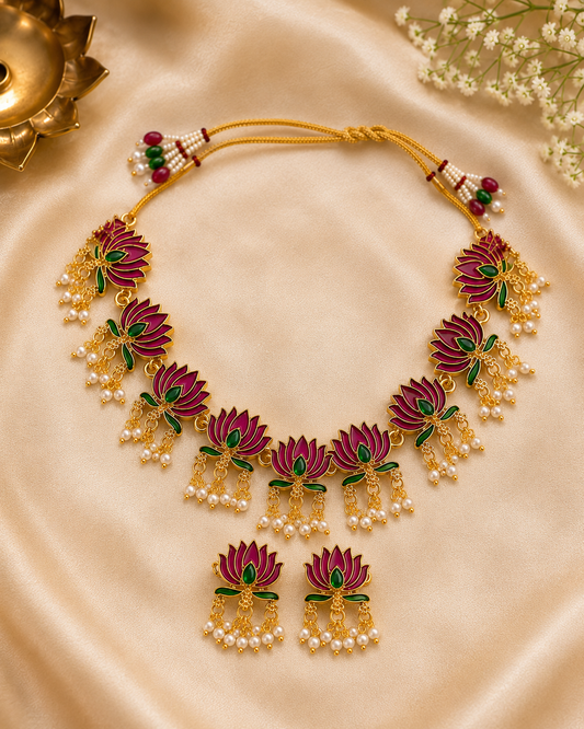 🎁 Lotus necklace set (pink) (Discount)
