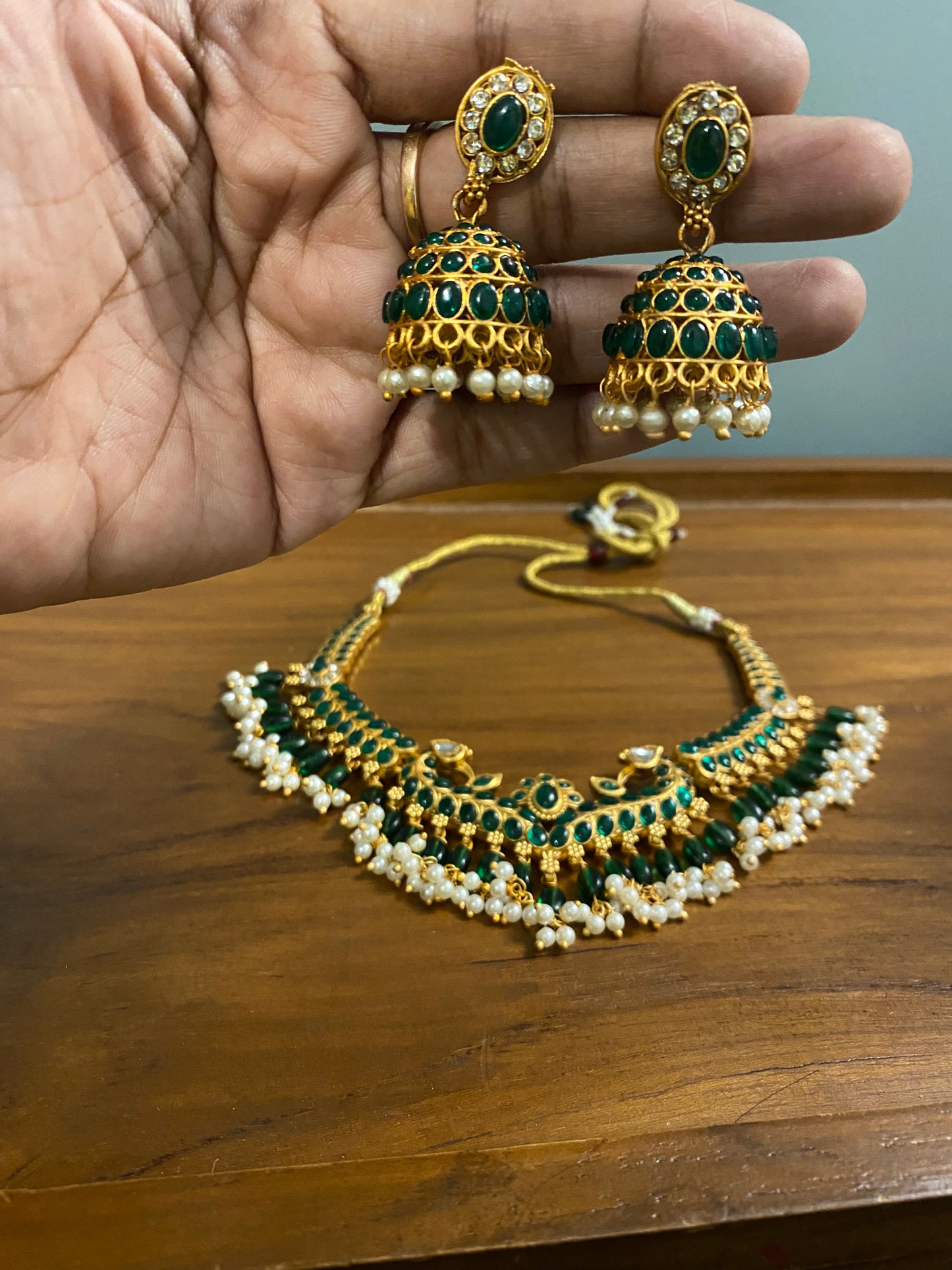 Stone studded green gold plated set